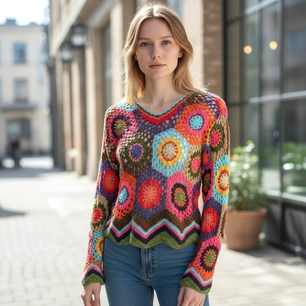 Vintage Express Tricot Sweater Multicolor Granny Square Crochet Womens Size M